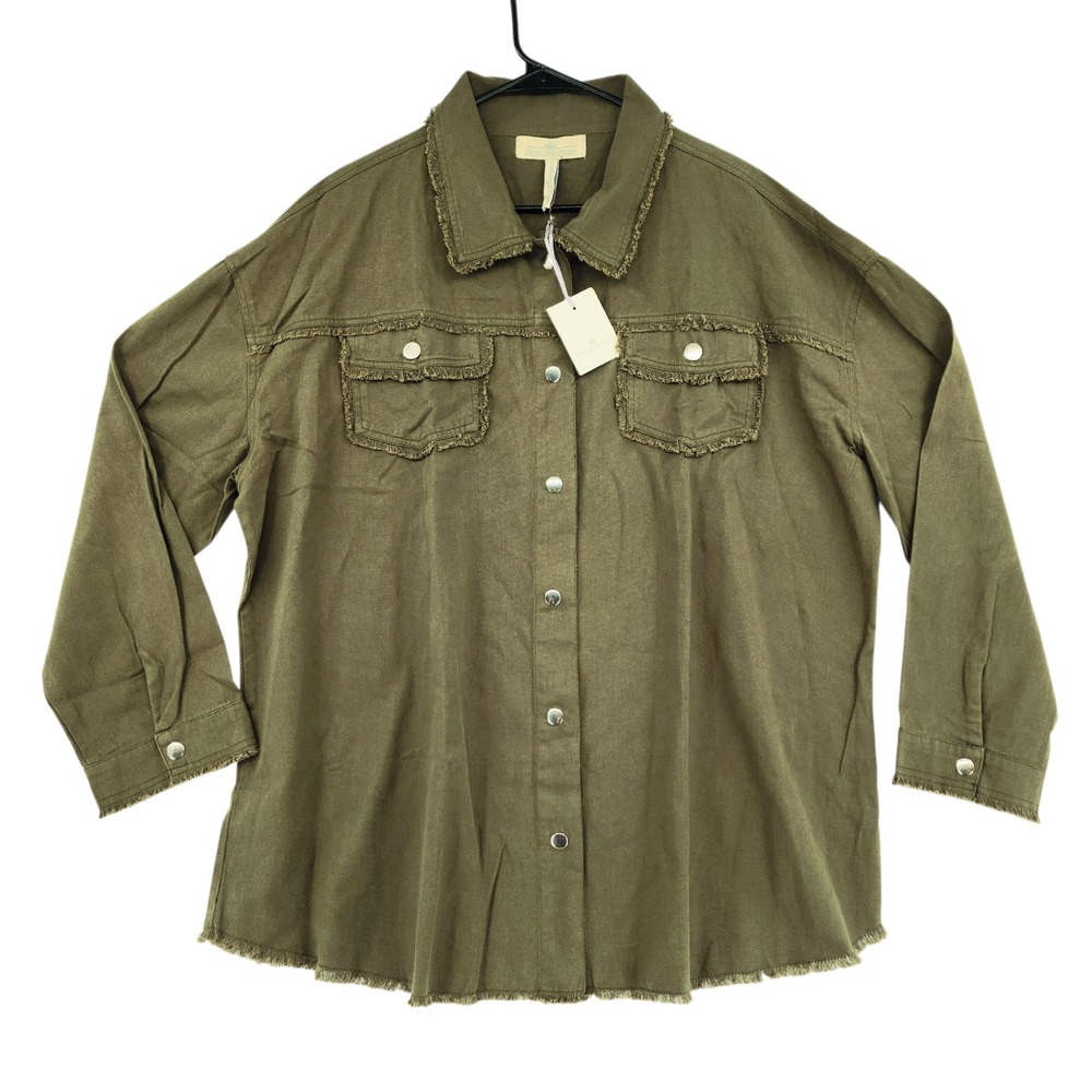 Relaxed Olive Green Button-Down Shirt Jacket - Women